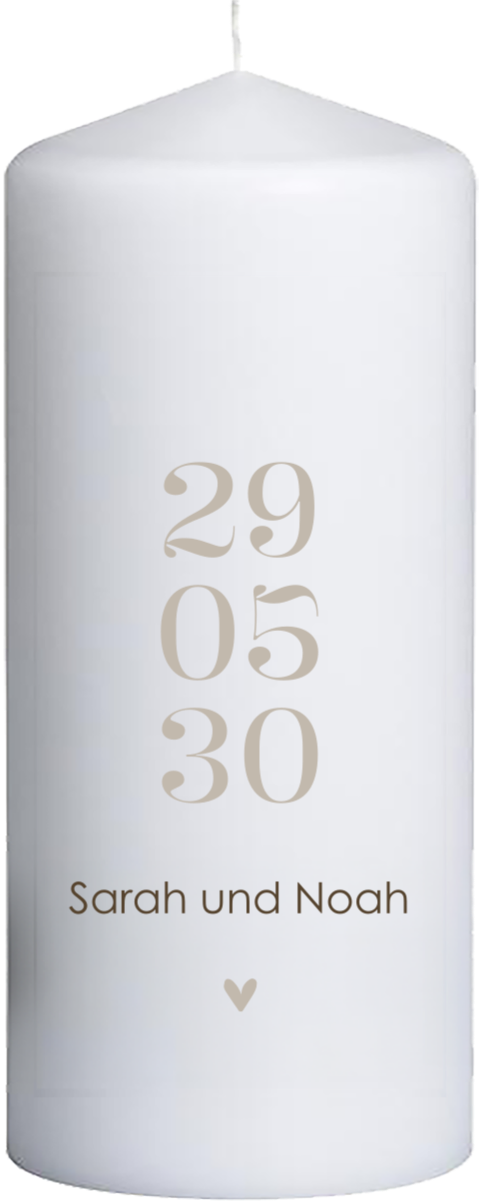 Hochzeitskerze mit beiger Schrift und Datum 15 cm lang, Ø6 cm