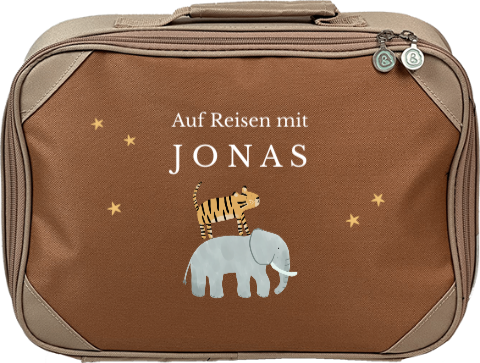 Niedlicher Kinderkoffer mit Namen und Elefant, Tiger und Sternen