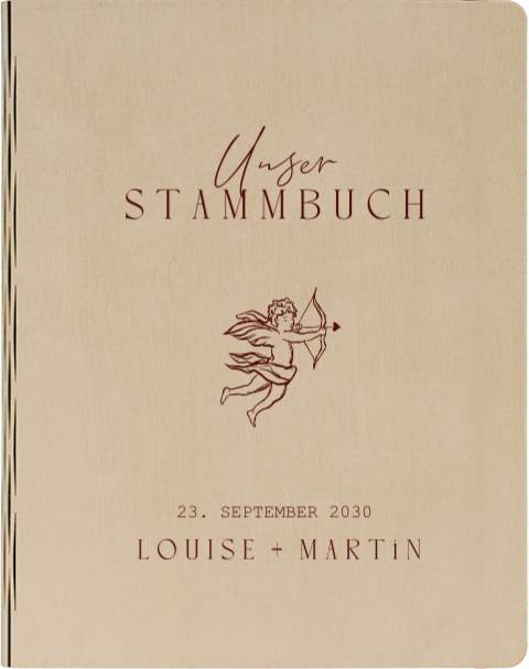 Stammbuch aus Holz zur Hochzeit im Rokoko-Stil mit Cupido