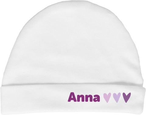 Liebes Babymützchen mit Name und Herzchen in Violetttönen