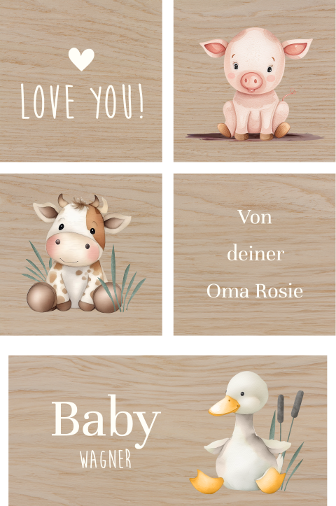 Holzklötze mit Bauernhoftieren und Herzchen von Oma