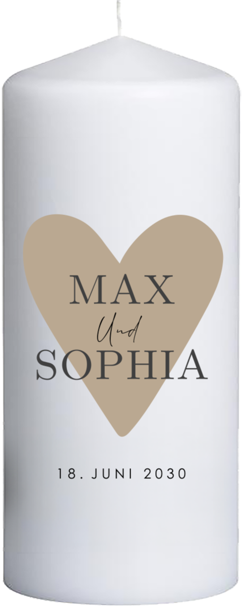 Hochzeitskerze mit Herzen in Beige und Namen - 20 cm hoch, 8 cm Ø
