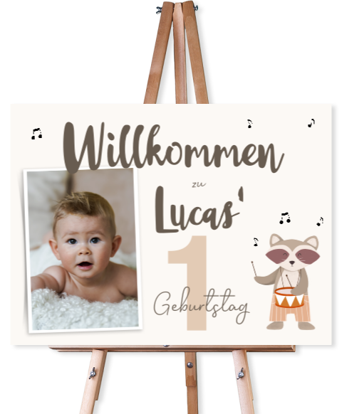 Willkommensschild 1 Geburtstag mit Waschbär