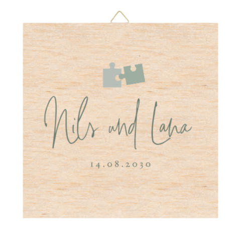 Holzfliese zur Hochzeit mit Puzzlestücken