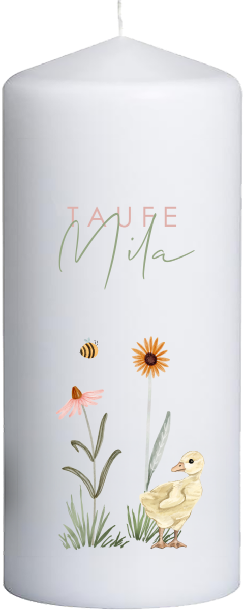 Taufkerze mit Küken und Blumenwiese – 20 cm hoch, 8 cm Ø