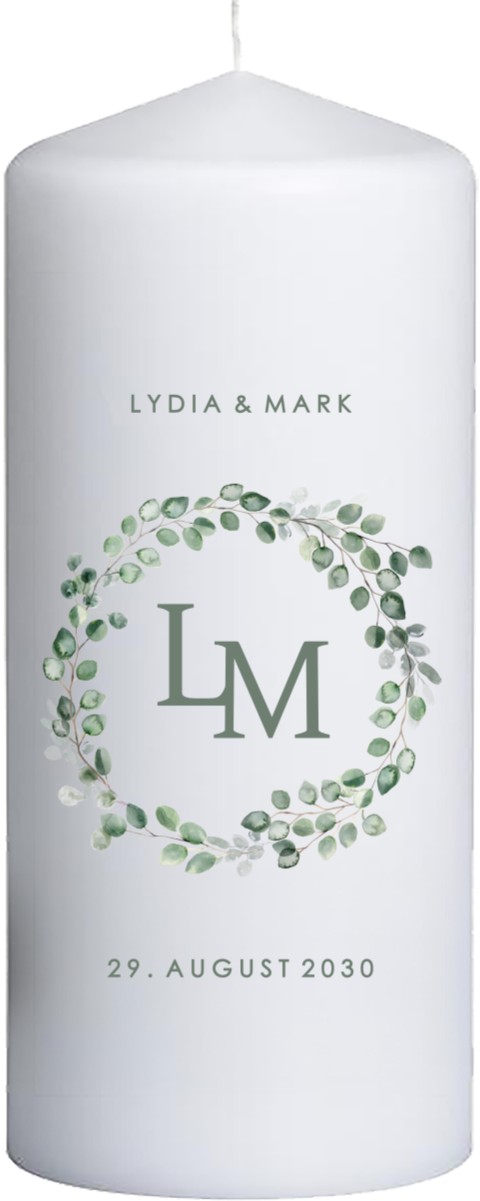 Hochzeitskerze mit Kranz, Initialen und Datum - 20 cm hoch, 8 cm Ø