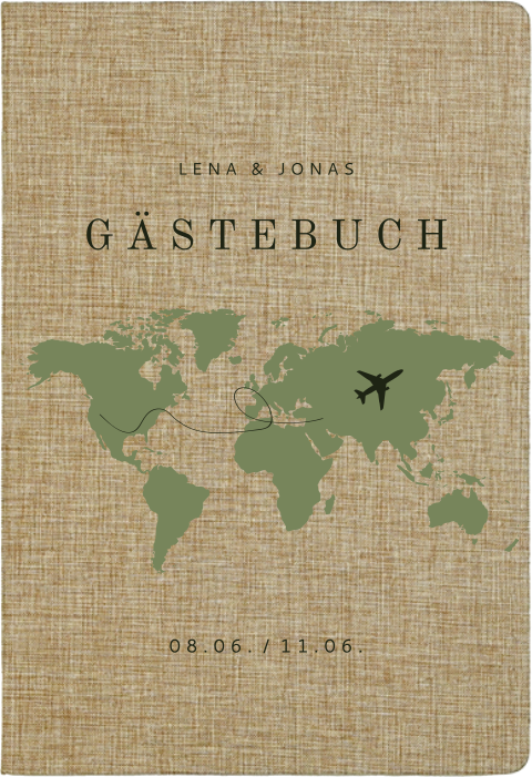 Gästebuch aus Leinen mit Weltkarte und Flugzeug