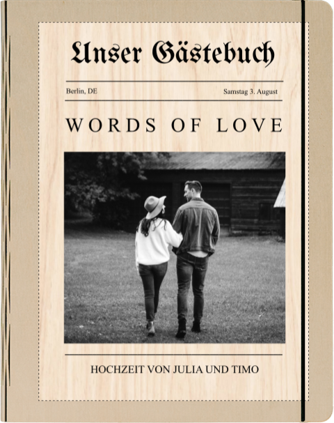 Gästebuch Hochzeit aus Holz großem Foto im Zeitungsstil