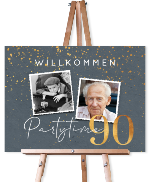 Willkommensschild zum 90. Geburtstag in Grau mit Fotos und Goldspritzern