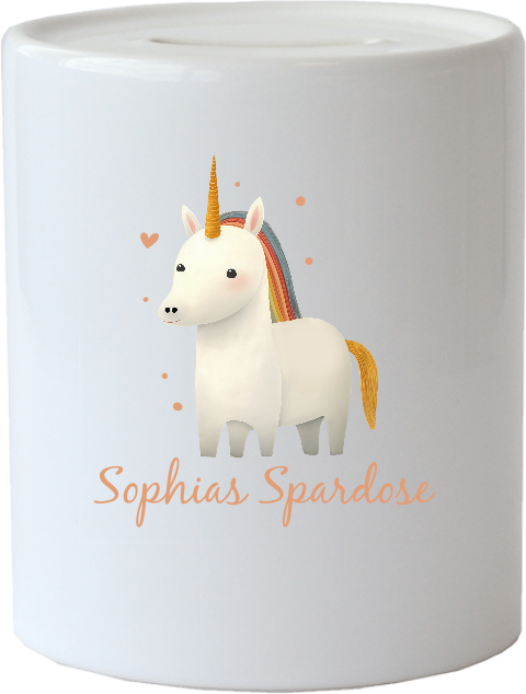 Spardose mit personalisierbarem Namen und süßem Einhorn Motiv