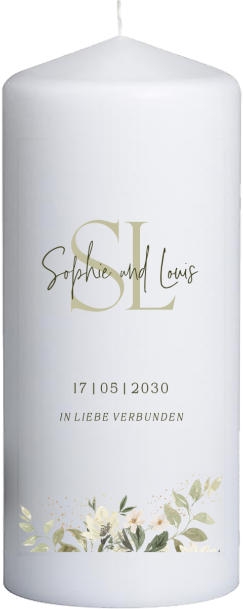 Hochzeitskerze mit Initialen und Blumen 