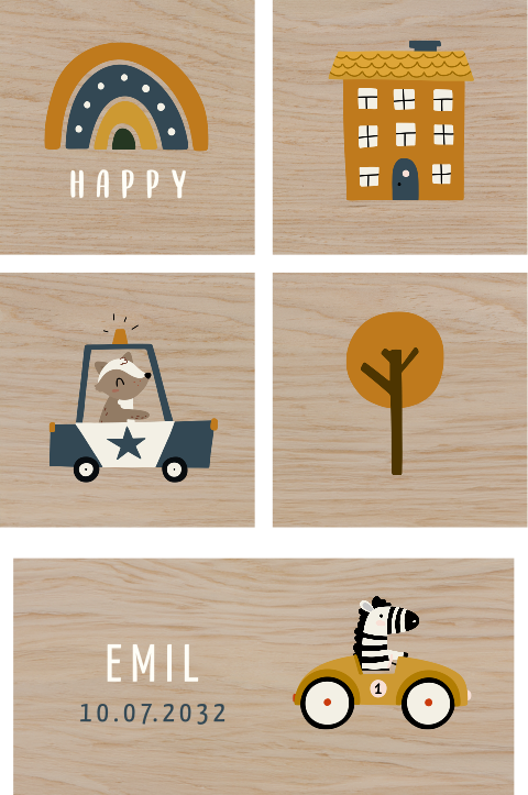 Bauklötze aus Holz mit Namen und niedlichen Tieren in Autos