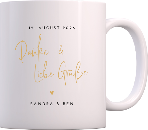 Tasse als Danksagung zur Hochzeit mit Herzen