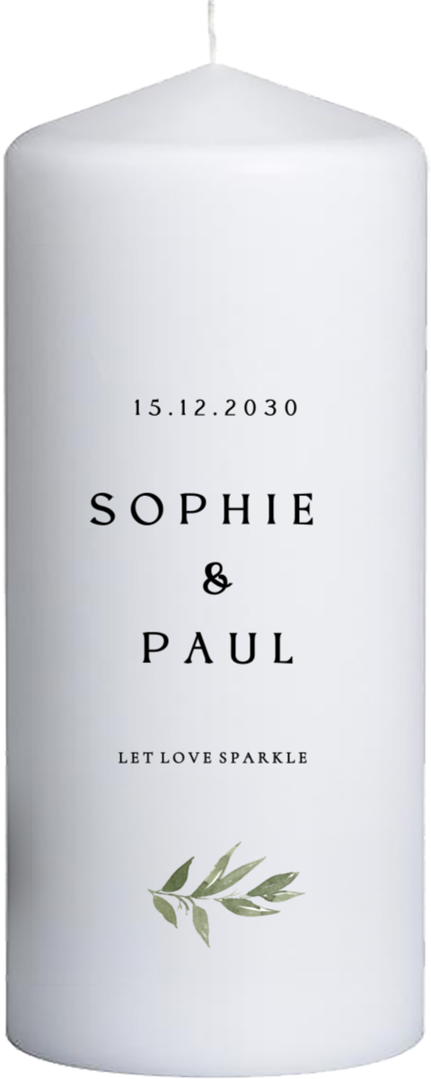 Hochzeitskerze minimalistisch mit Blättern - 20 cm hoch, 8 cm Ø