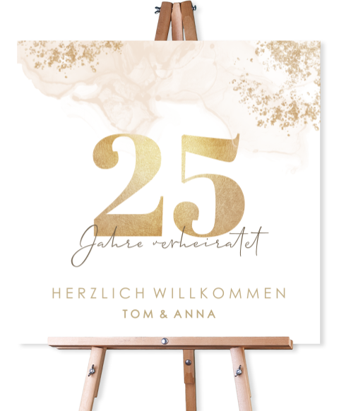 Willkommensschild zur Silbernen Hochzeit mit Aquarell und Goldtupfern