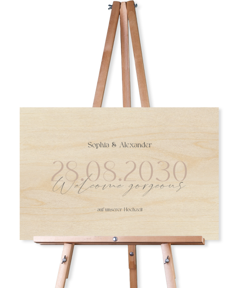 Willkommensschild zur Hochzeit aus Holz mit stilvollem Datum in Beige