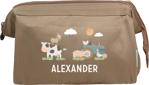Personalisierte Kulturtasche mit Bauernhoftieren und Traktor