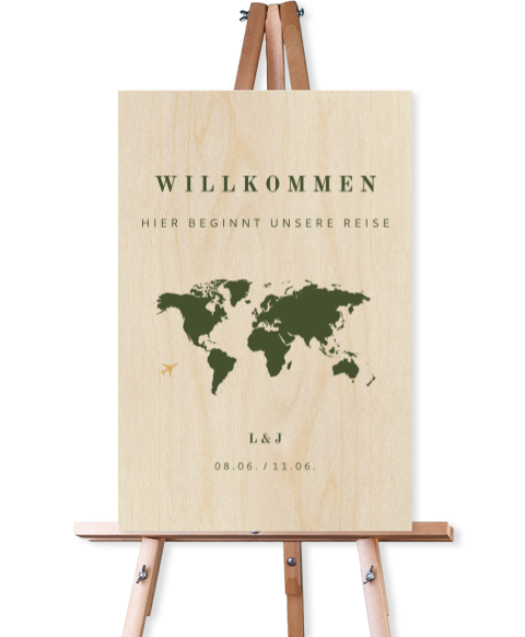 Willkommensschild zur Hochzeit mit Weltkarte und Flugzeug Holz
