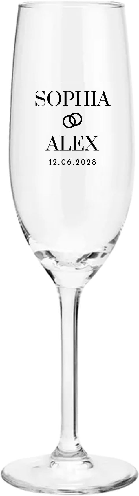 Sektglas graviert mit Eheringen und Namen des Brautpaares