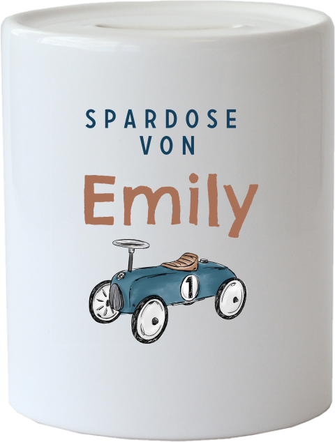 Spardose aus Keramik mit Namen des Kindes und Auto Motiv