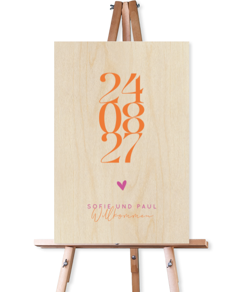 Color-Blocking Willkommensschild zur Hochzeit aus Holz mit Datum in Orange