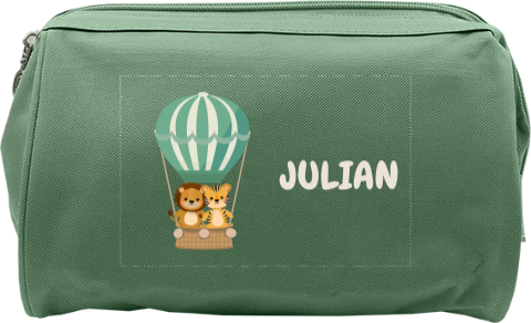 Schöner Kulturbeutel mit Löwe und Tiger im Heißluftballon und Namen