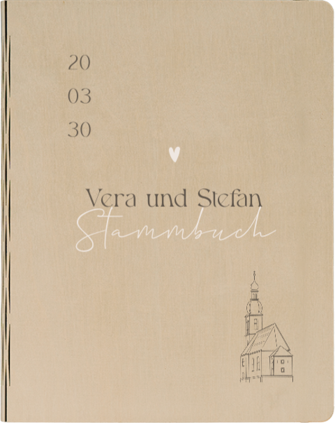 Stammbuch aus Holz zur Hochzeit mit Linienzeichnung einer Kirche