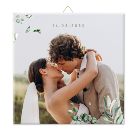 Hochzeitsfliese mit Foto und Blättern