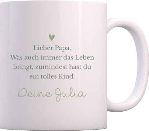 Tasse zum Vatertag mit Botschaft und Herz in Grün
