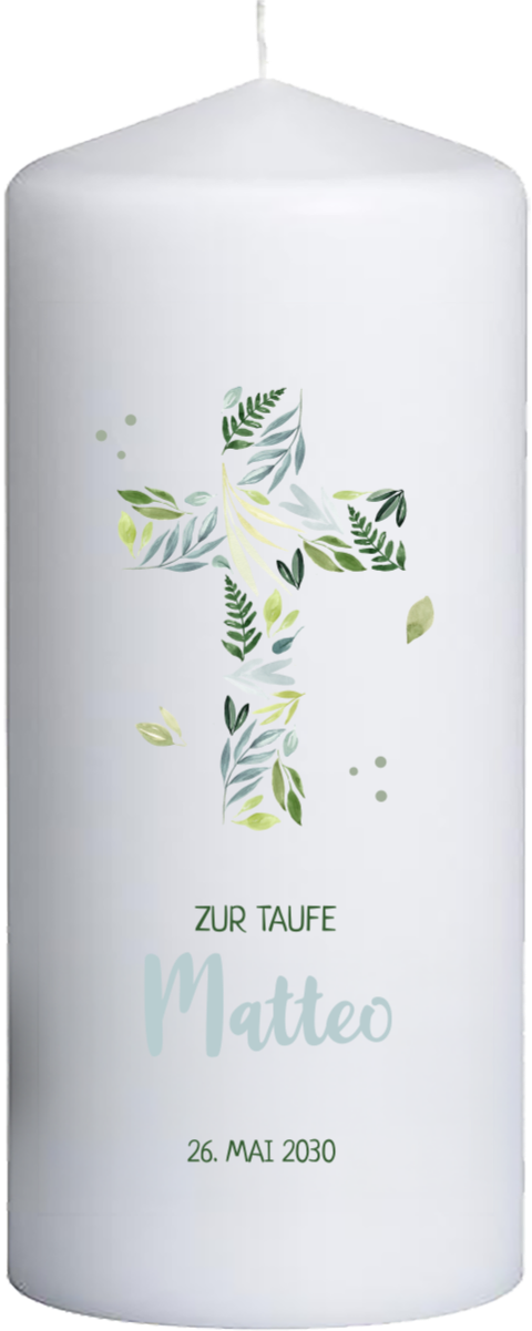 Taufkerze mit Blätterkreuz, 20 cm hoch, 8 cm Ø