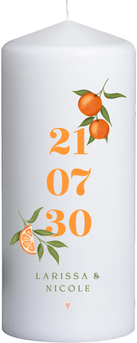 Hochzeitskerze mit Orangenillustration und Namen - 20 cm hoch, 8 cm Ø