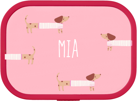 Brotdose mit Namen und fröhlichem Dackel-Muster