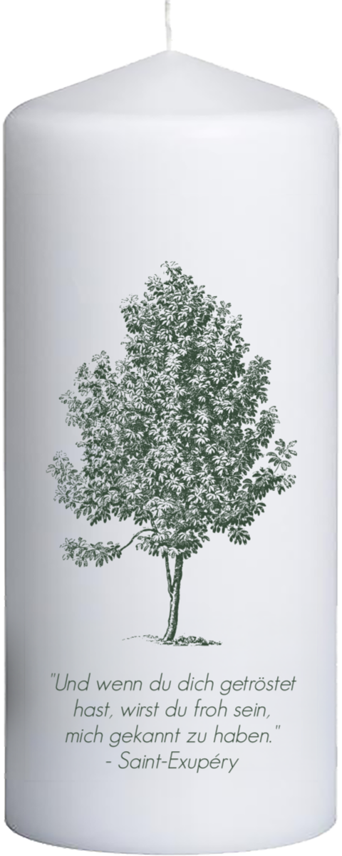 Trauerkerze mit Baum und Zitat von Saint-Exupéry