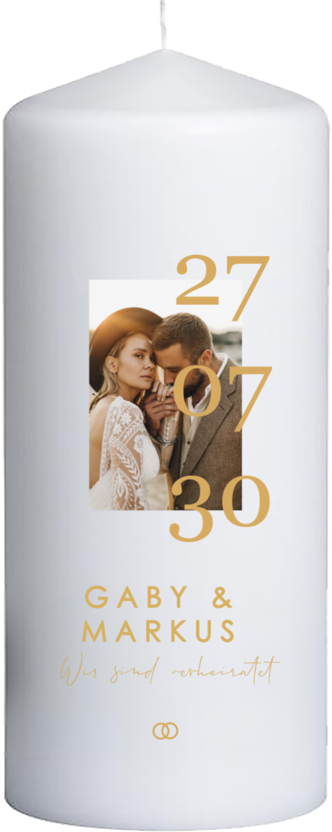 Hochzeitskerze mit goldenen Zahlen, Foto und Namen - 20 cm lang, 8cm Ø
