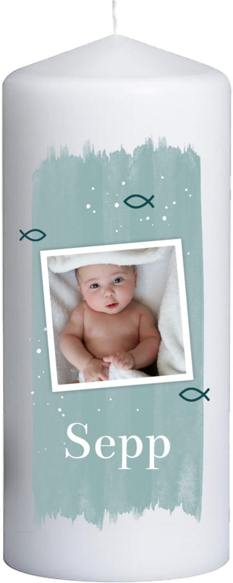 Taufkerze mit Foto modern individuell gestaltbar – 20 cm hoch, 8 cm Ø