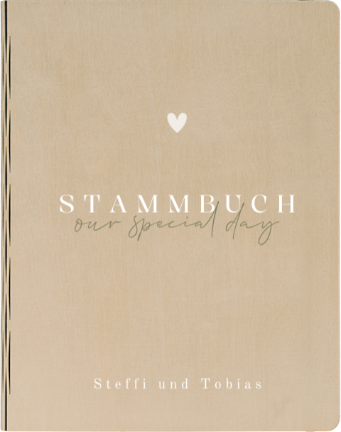 Stammbuch Hochzeit aus Holzmit Herz und minimalistischer Typografie