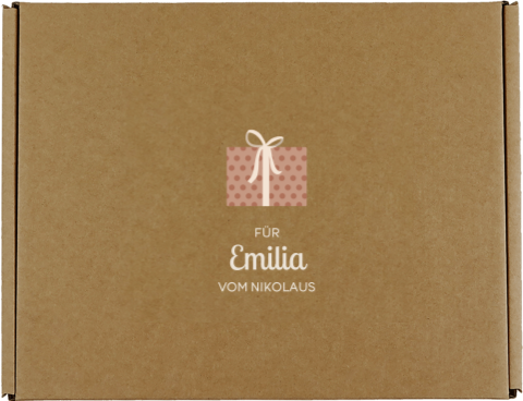 Nikolaus Geschenkbox mit Name und Illustration eines Geschenks