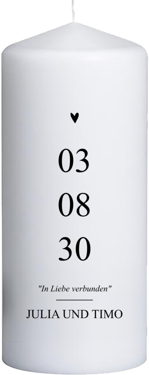 Hochzeitskerze mit großem Datum, Herz und Spruch - 20 cm hoch, 8 cm Ø