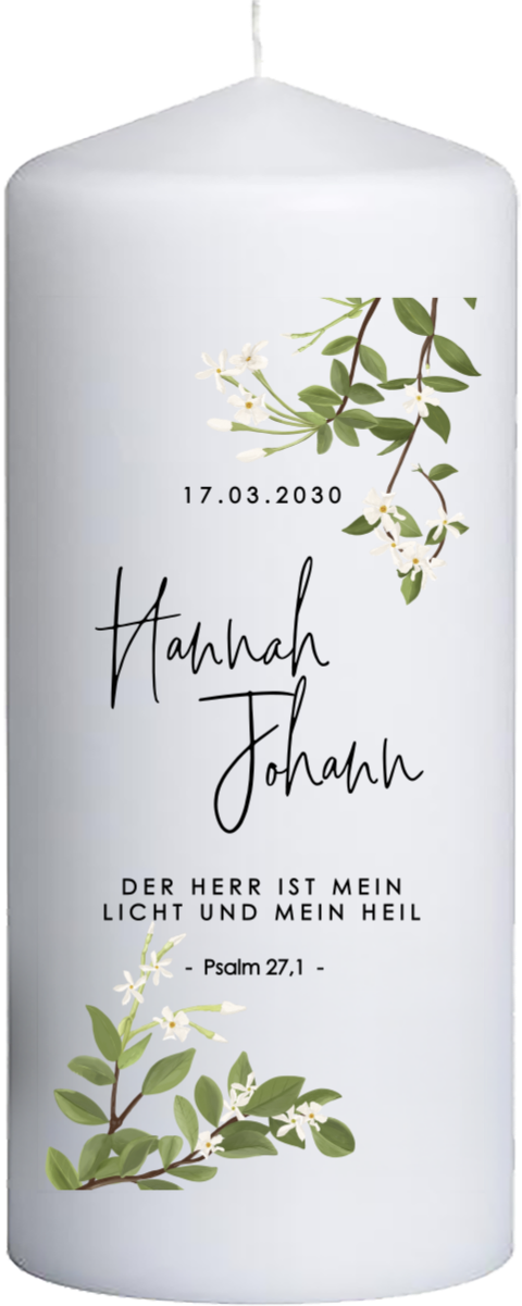 Hochzeitskerze mit Bibelvers und Blütenzweigen – 20 cm hoch, 8 cm Ø