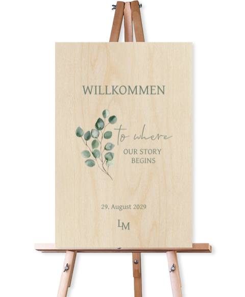 Willkommensschild zur Hochzeit mit Eukalyptus und Initialien Holz