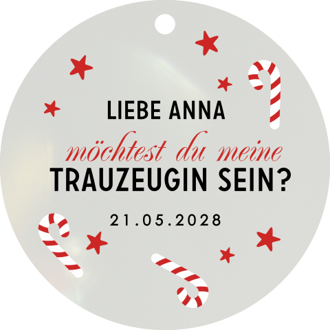 Acryl Christbaumschmuck Trauzeugin fragen mit Zuckerstangen und Sternen