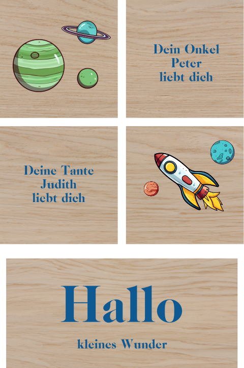 Spielzeug aus Holz mit Rakete und Planeten von Tante und Onkel