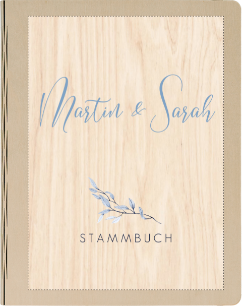 Stammbuch Hochzeit aus Holz mit Eukalyptuszweigen in Blau und Weiß