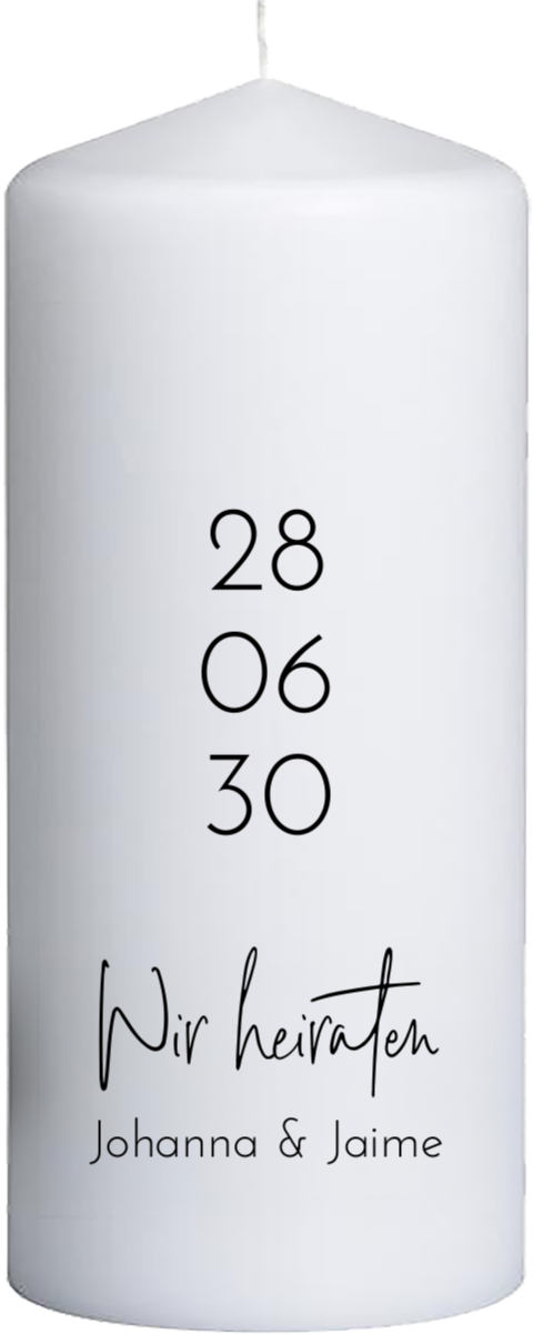 Hochzeitskerze mit großem Datum – 20 cm hoch, 8 cm Ø
