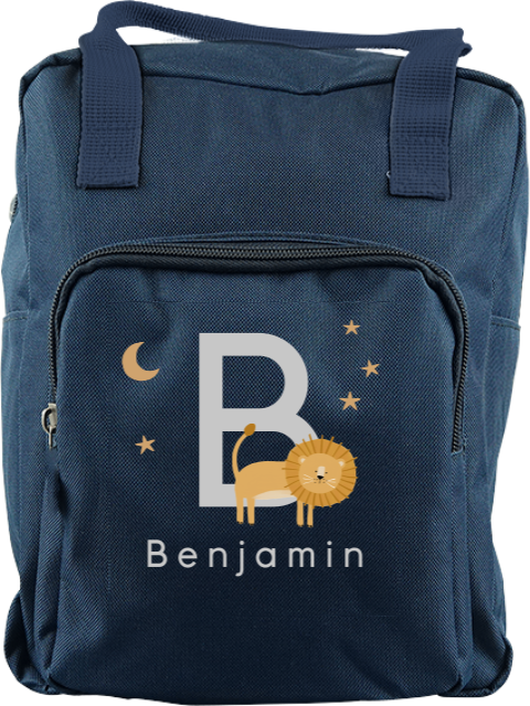 Schultasche mit Initialen, Löwen und Nachthimmel