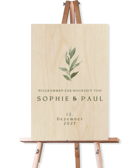 Schlichtes Willkommensschild zur Hochzeit aus Holz mit gemalten Zweig