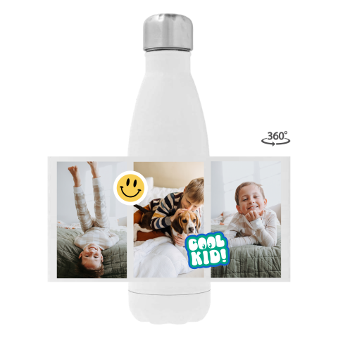 Edelstahl-Trinkflasche mit Fotos und Aufklebern