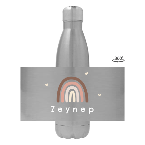 Trinkflasche aus Edelstahl mit Name, Regenbogen und Herzen
