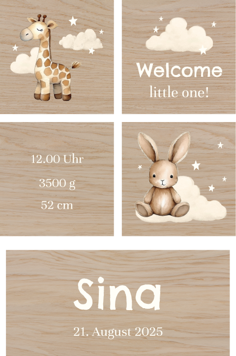 Niedliche Bauklötze mit Giraffe und Häschen auf Wolken