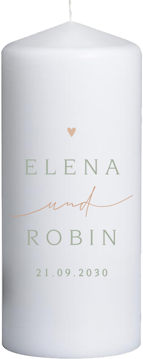 Hochzeitskerze mit feinen Linien, Herz und Namen - 20 cm hoch, 8 cm Ø
